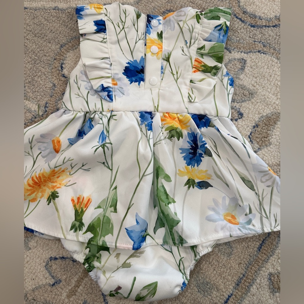 Floral Ruffle Baby Dress - White, Blue, Yellow - Picture 4 of 6